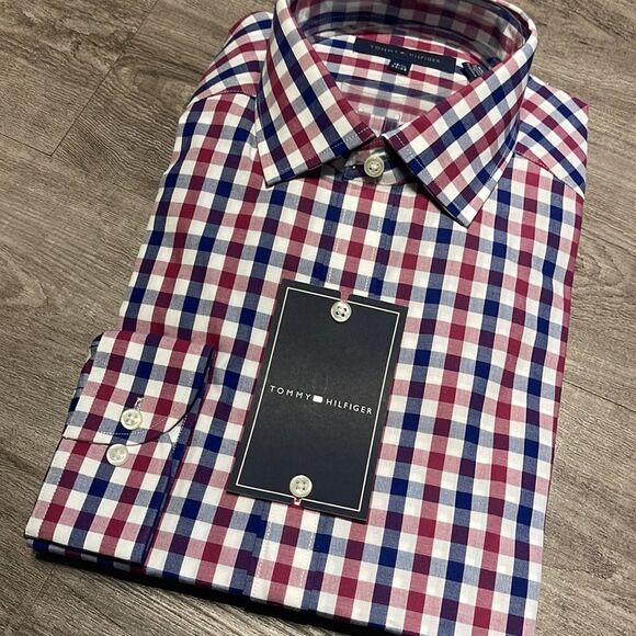 Tommy Hilfiger Gingham Check Dress Shirt-BURGUNDY-15.5-34/35 - Picture 3 of 3